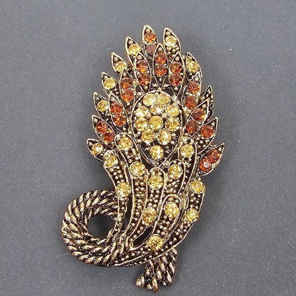 Vintage Yellow Brown Crystal Rhinestone Floral Big Brooch Pin Pendant Gold Tone‎ - Picture 12 of 13
